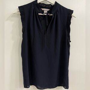 H&M Blue Sleeveless Tie Front Blouse with Mandarin Collar